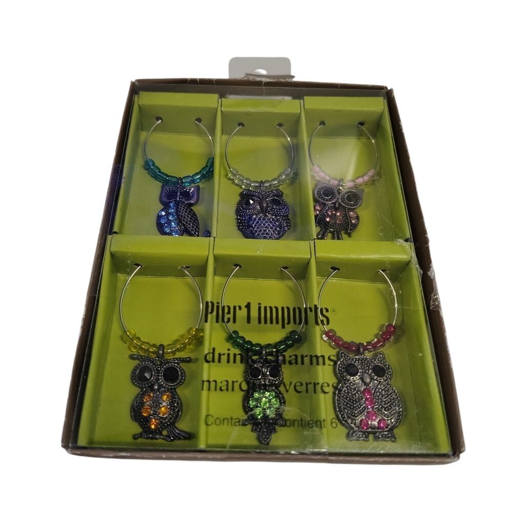 Pier 1 Imports Owl Beaded Wine Glass Drink Charms Set of 6